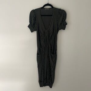 Roy Aussie Designer Black Striped Dress Low Plunge Neck Amazing on Small